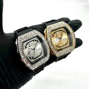 Men's Gold/Silver 40mm Baguette Crystals Tonneau Rubber Strap Watch